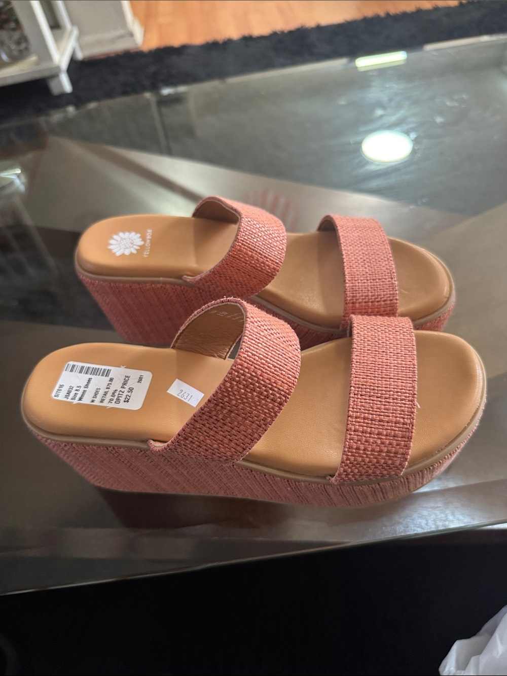 Yellow Box Coral Pink Woven Double-Strap Platform Slides - Picture 6 of 8